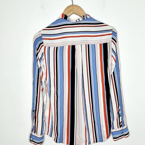 Express Portofino Slim Vertical Striped Ruffled Shirt Womens XS Career - Picture 9 of 9